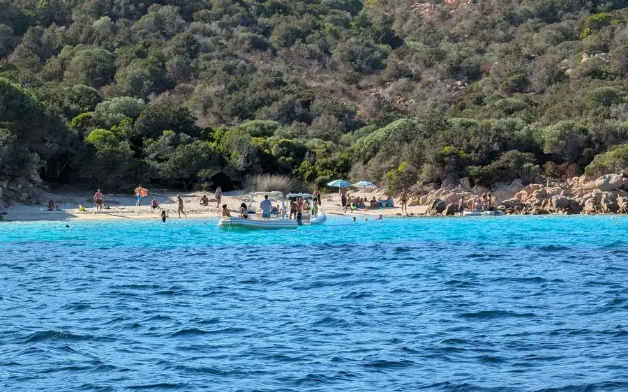 A small boat moored off a beach below a wooded hill
