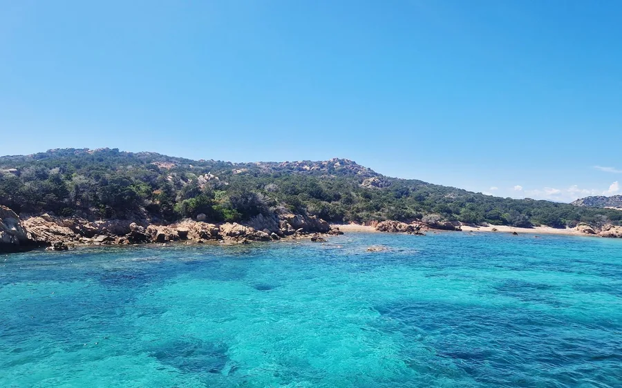 Turquoise shallows below a low wooded coastline