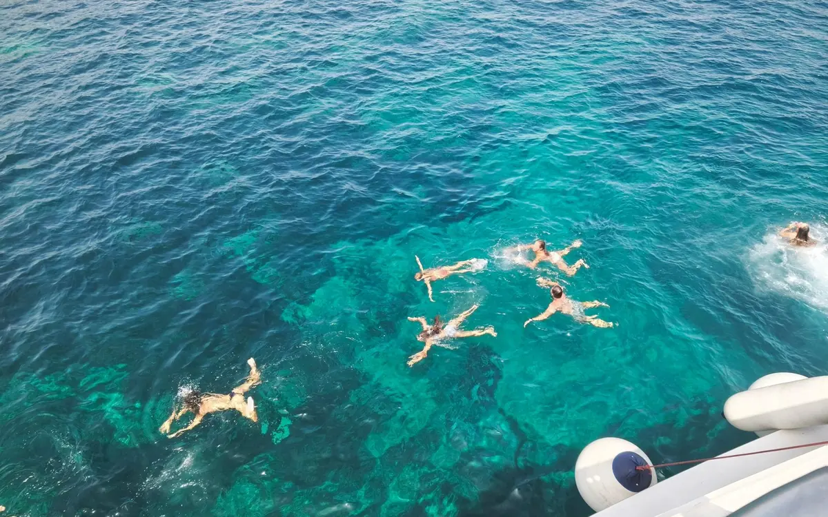 Snorkellers floating in clear water beside a tour boat