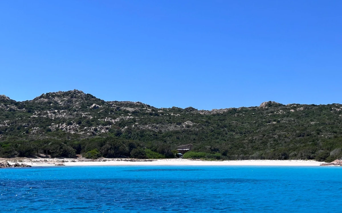 A wooded island with a long strip of white beach above deep blue water